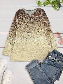 Graphic Print Notched Neck Tee - Khaki - View 4