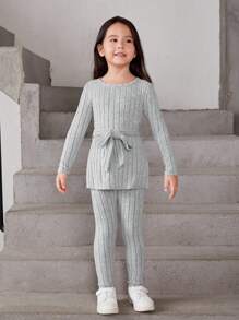 SHEIN 女小童條紋針織腰帶T恤和緊身褲