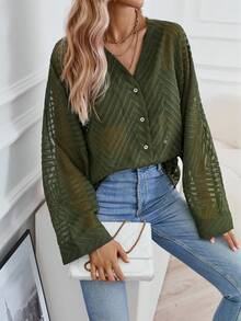 Aveloria 素色前紐扣落肩袖襯衫 - 墨綠色 - 查看 5