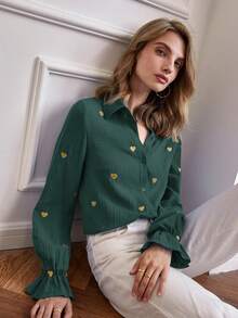 SHEIN Frenchy Camisa con bordado de corazón de manga amplia - Verde Oscuro - Ver 4