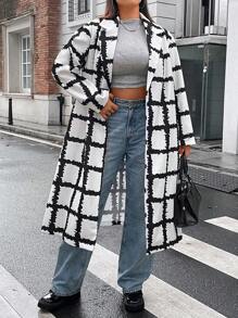 Flirla Plus Plaid Print Drop Shoulder Overcoat Fall Cloth For Women - Black and White - View 1