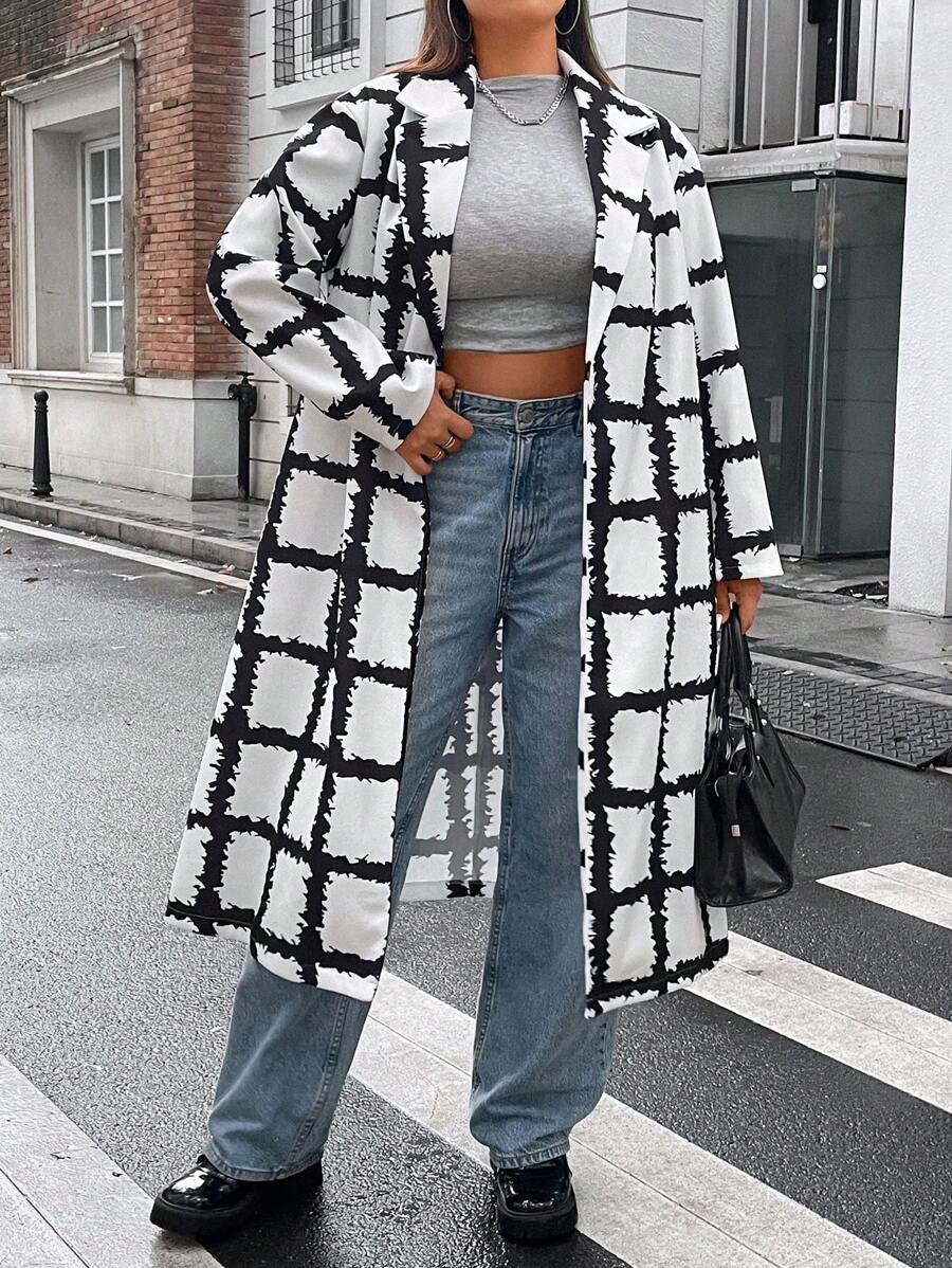 Flirla Plus Plaid Print Drop Shoulder Overcoat Fall Cloth For Women - Black and White - View 1