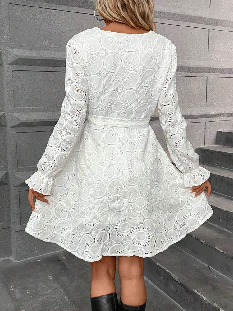 Eyelet Embroidery Flare Sleeve Belted Dress Winter Elegant Evening Dress