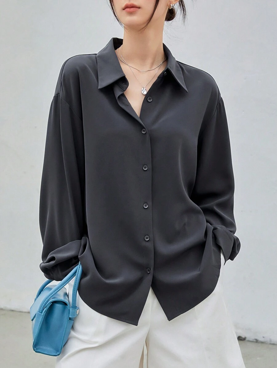 DAZY Chất rắn Thả vai Áo sơ mi - Màu xám đen - Xem 1