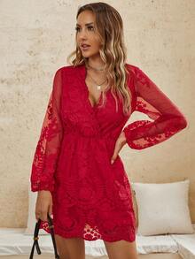 Eilly Bazar Surplice Neck Lantern Sleeve Embroidery Mesh Dress - Red - View 4