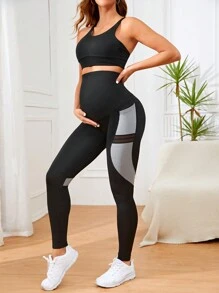 Maternity Wide Waistband Contrast Mesh Insert Phone Pocket Side Stripe Leggings