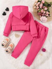 SHEIN 女小童素色連帽衫和接縫細節衛褲 - 玫紅色 - 查看 2