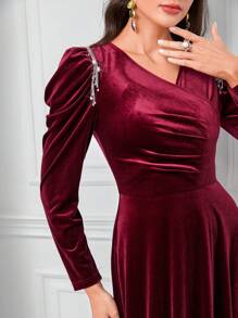 Modelyn Burgundy Red Rhinestone Detail Long Puff Sleeve Velvet Modest Dress Long Evening Dresses - Burgundy - View 6