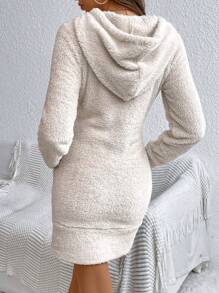 SHEIN Frenchy Kangaroo Pocket Drawstring Teddy Hoodie Dress,Long Sleeve Tops - Apricot - View 2