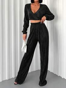 SHEIN Cottnline Surplice Neck Crop Top & Wide Leg Pants - Black - View 4