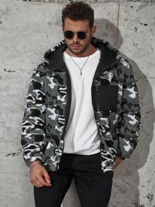 Manfinity Homme Loose Fit Men Plus Size Camo Print Zip Up Hooded Jacket - Black - View 4