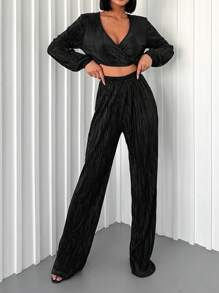 SHEIN Cottnline Surplice Neck Crop Top & Wide Leg Pants - Black - View 1