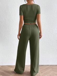 SHEIN Frenchy Square Neck Tee & Wide Leg Pants - Army Green - View 2