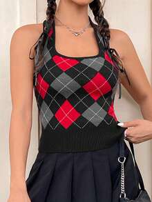 SHEIN EZwear 菱形圖案掛脖針織上衣 - 彩色 - 查看 6