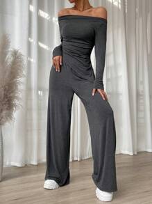 SHEIN Essnce Off Shoulder Ruched Top & Wide Leg Pants - Dark Grey - View 4