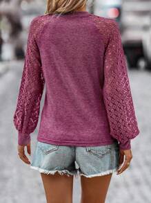 SHEIN LUNE Contrast Lace Raglan Sleeve Top - Red Violet - View 2
