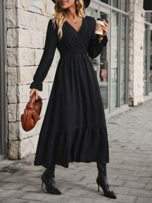 SHEIN Clasi Swiss Dot Flounce Sleeve Ruffle Hem Dress - Black - View 5