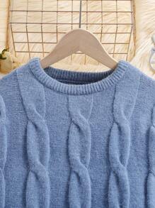 SHEIN 女大童麻花編織紙制絨球套頭毛衣 - 藍色 - 查看 6