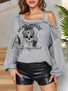 Women's Grey Knit Asymmetric Long Sleeve T-Shirt, Regular Length, Skull Print, Hollow-Out Design, Detailed Pattern - Grey - View 3