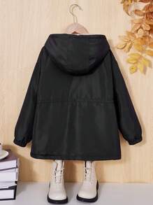 SHEIN 女大童字母補丁細節腰部抽繩連帽加絨內裏外套 - 黑色 - 查看 2