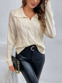 SHEIN Frenchy Cable Knit Drop Shoulder Sweater - Beige - View 4