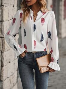 SHEIN LUNE 羽毛印花喇叭袖襯衫 - 白色 - 查看 3