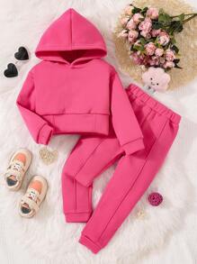 SHEIN 女小童素色連帽衫和接縫細節衛褲 - 玫紅色 - 查看 1