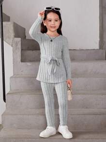 SHEIN 女小童條紋針織腰帶T恤和緊身褲