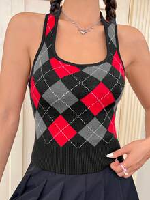 SHEIN EZwear 菱形圖案掛脖針織上衣 - 彩色 - 查看 3