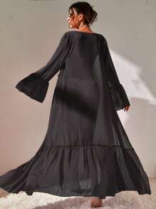 Swim Vcay 荷葉袖荷葉邊腰帶和服罩衫 - 黑色 - 查看 5