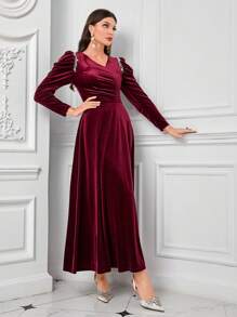 Modelyn Burgundy Red Rhinestone Detail Long Puff Sleeve Velvet Modest Dress Long Evening Dresses - Burgundy - View 3