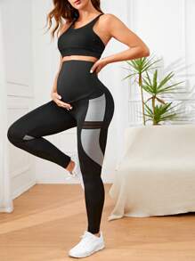 Maternity Wide Waistband Contrast Mesh Insert Phone Pocket Side Stripe Leggings