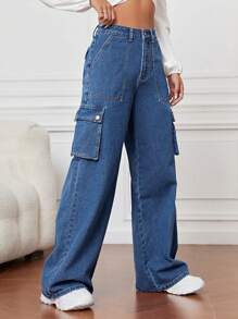 翻蓋口袋工裝牛仔褲 - 中等水洗藍 - 查看 4