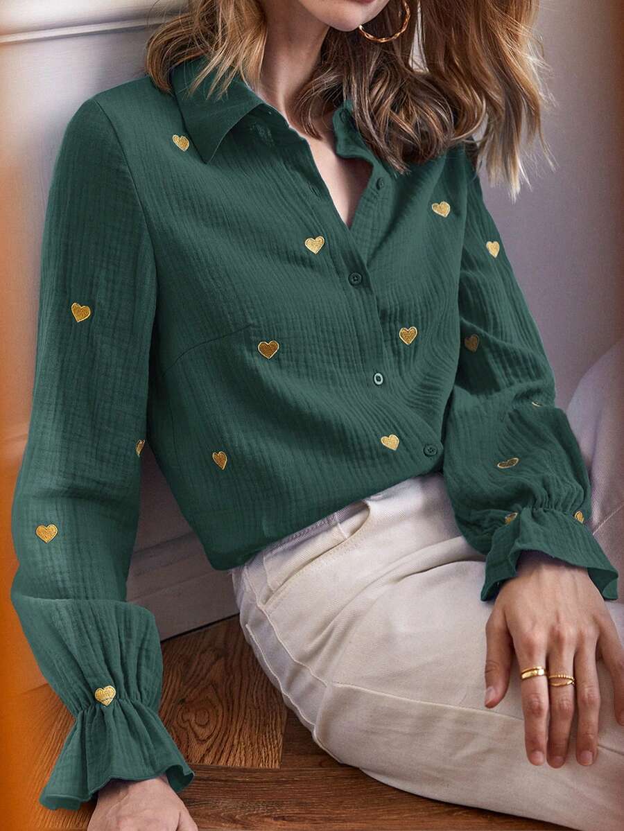 SHEIN Frenchy Camisa con bordado de corazón de manga amplia - Verde Oscuro - Ver 1