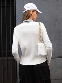SHEIN Essnce 1/4拉鍊條紋針織1/4拉鍊套頭毛衣 - 白色 - 查看 2