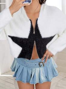 SHEIN EZwear Hai âm Thả vai 	
Fuzzy Áo len Mở - Đen và trắng - Xem 6