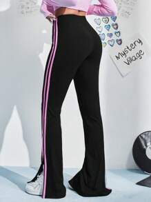 SHEIN EZwear 女款拼色开衩裤 - 黑色 - 查看 3