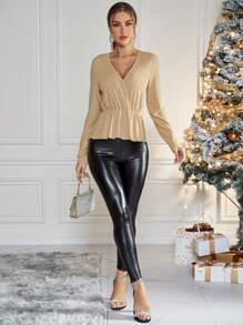 SHEIN Privé Surplice Neck Peplum Hem Glitter Blouse