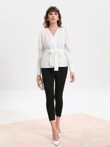 GENKIRA Sólido Com Cinto Blusa De Embrulho - Branco - Visão 6