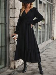 SHEIN Clasi Swiss Dot Flounce Sleeve Ruffle Hem Dress - Black - View 6