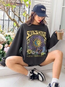 SHEIN EZwear Moletom Oversized Feminino de Manga Longa com Gola Careca, Padrão de Letra e Borboleta Casual, Outono/Inverno - Chumbo - Visão 5