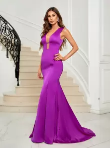SHEIN Belle 嵌入網紗魚尾裙下擺正式洋裝 - 紫色 - 查看 5