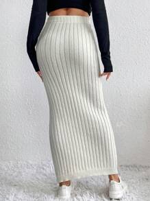 SHEIN Essnce 素色條紋針織半身裙 - 米色 - 查看 2