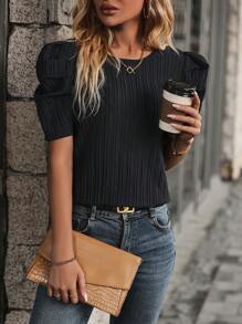 SHEIN VCAY Puff Sleeve Tie Back Blouse - Black - View 3