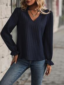 SHEIN Clasi Solid Flounce Sleeve V Neck Blouse - Navy Blue - View 1