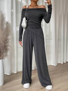 SHEIN Essnce Off Shoulder Ruched Top & Wide Leg Pants - Dark Grey - View 3