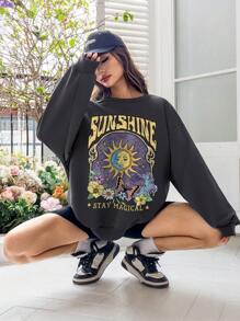 SHEIN EZwear Moletom Oversized Feminino de Manga Longa com Gola Careca, Padrão de Letra e Borboleta Casual, Outono/Inverno - Chumbo - Visão 4