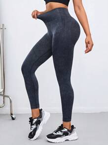 SHEIN Yoga Futuristic 無縫條紋圖案寬腰帶運動打底褲 - 黑色 - 查看 6