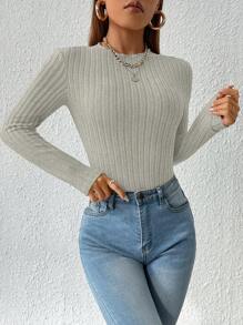 SHEIN PETITE Ribbed Knit Lettuce Trim Bodysuit - Mint Green - View 5