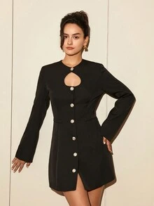 Cut Out Front Button Front Dress - Black - View 3